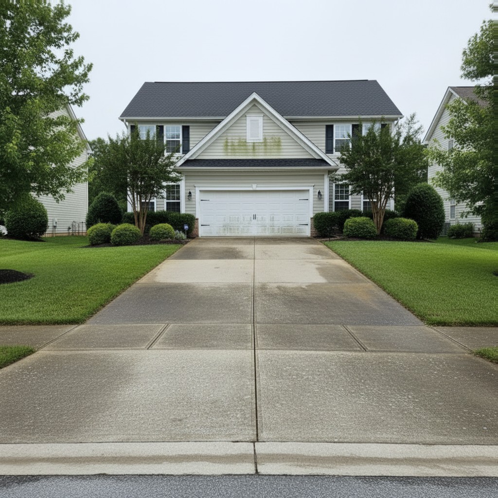 A driveway stained with grime and algae before pressure washing