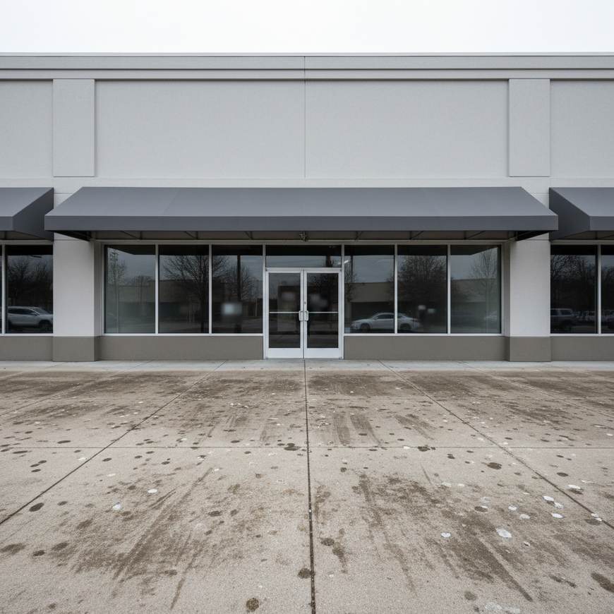 A stained commercial storefront sidewalk before pressure washing