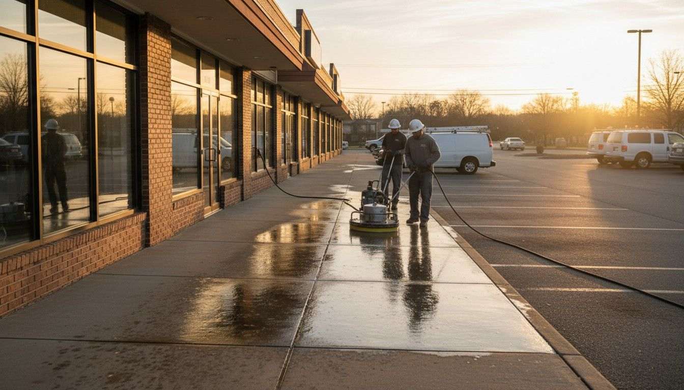 Commercial building exterior pressure washed in Spokane