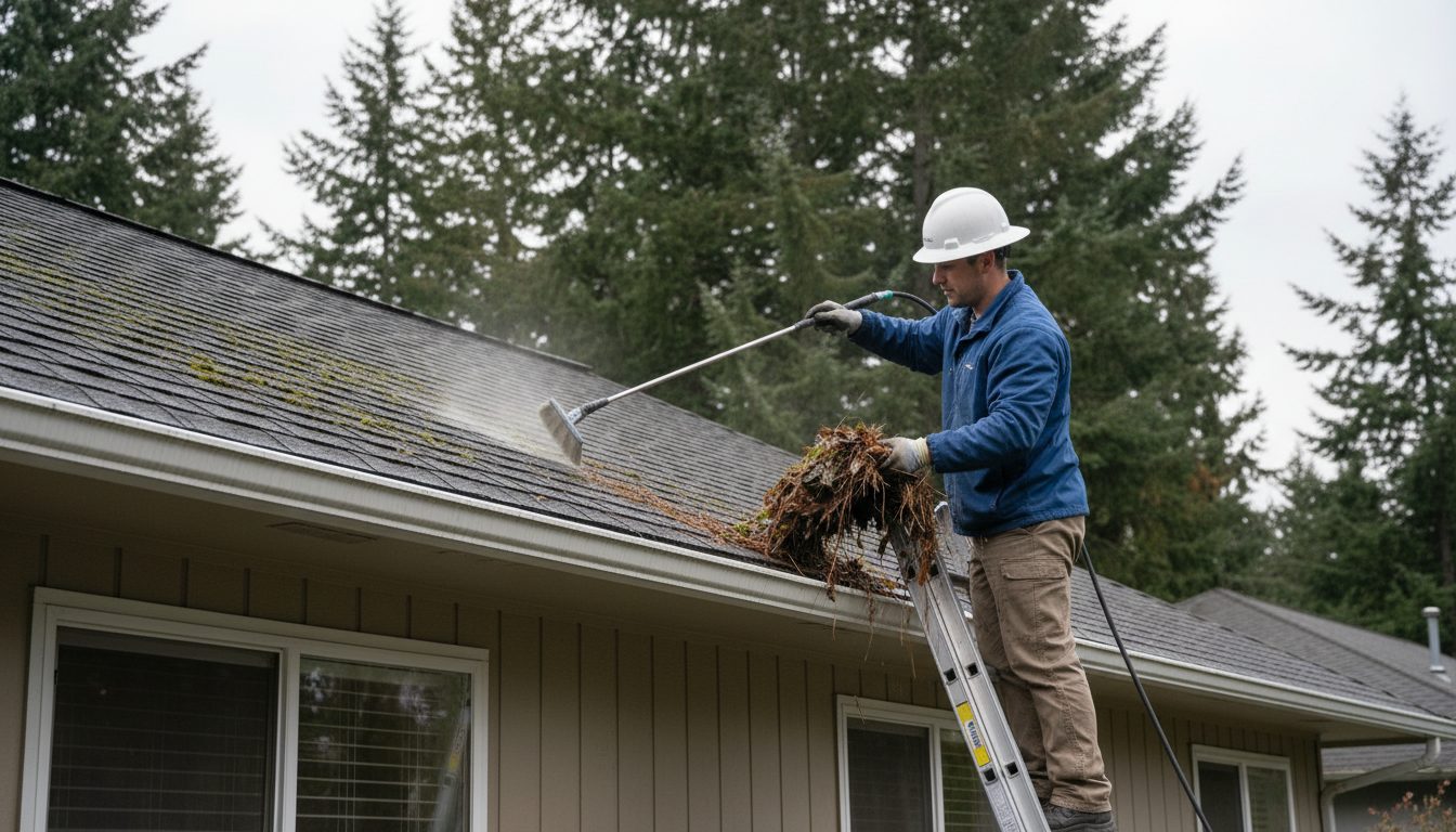 A technician on a ladder clearing moss and pine needles from the roof edge and gutters of a Spokane home